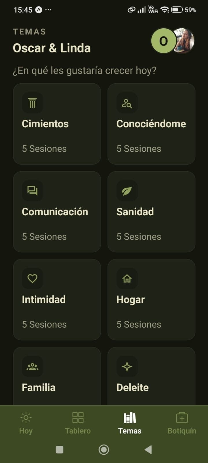 Pantalla de Temas de Edificación en la app