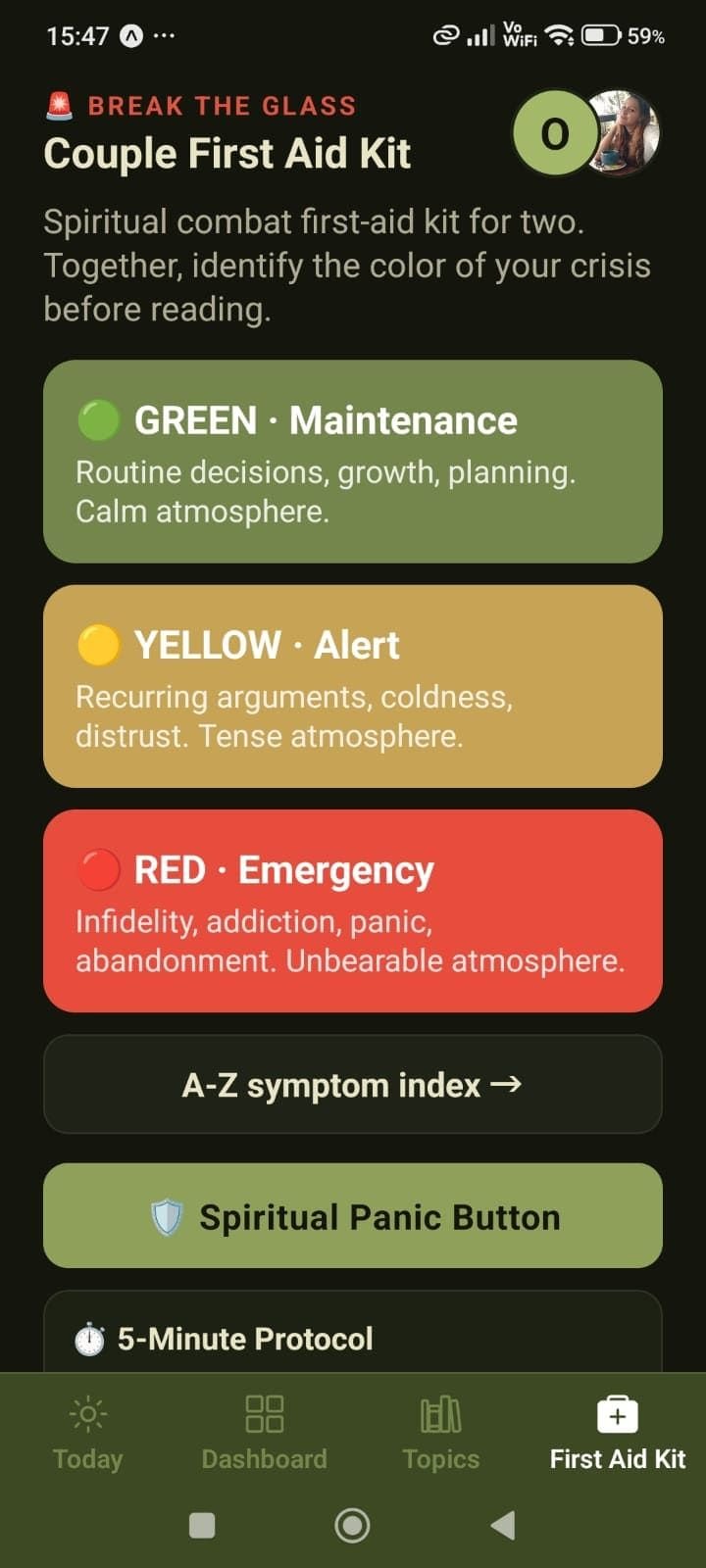 First-Aid Kit screen in the app